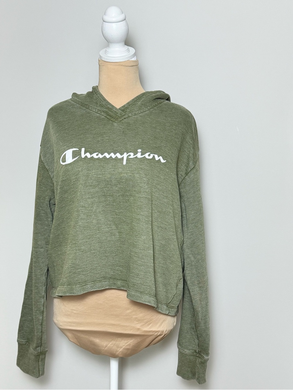 Champion Women's Olive Green Cropped Hooded Sweatshirt with White Logo Size L